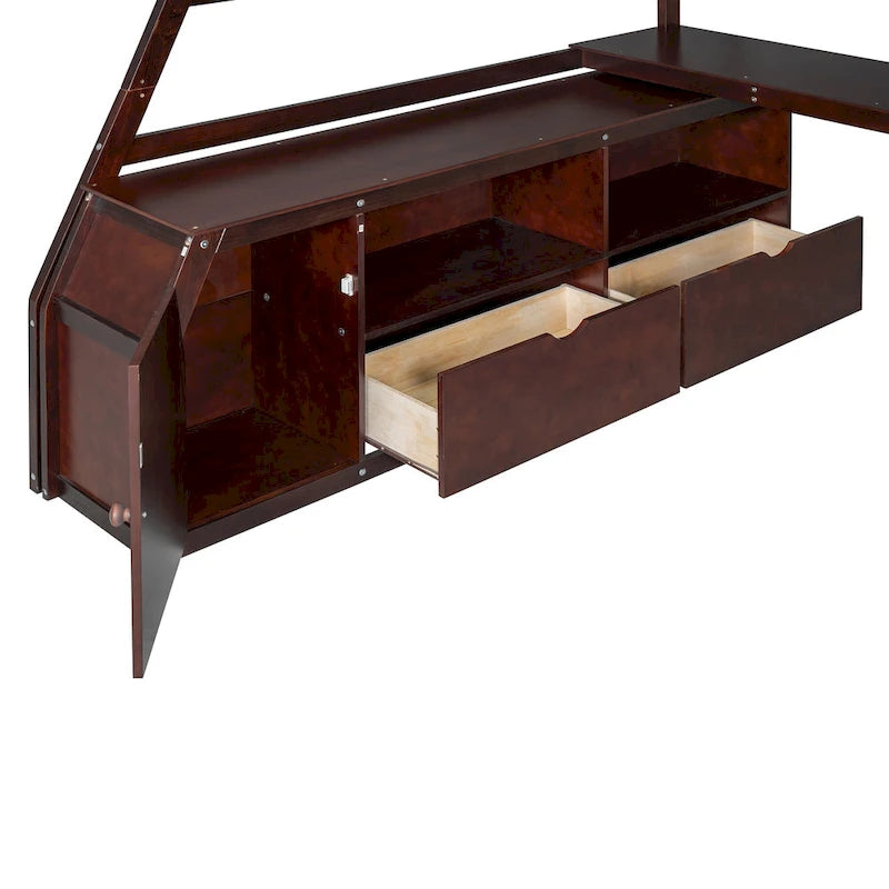 Full Size Wood Loft Bed with Drawers, Shelves & Desk