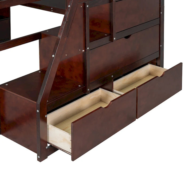 Full Size Wood Loft Bed with Drawers, Shelves & Desk