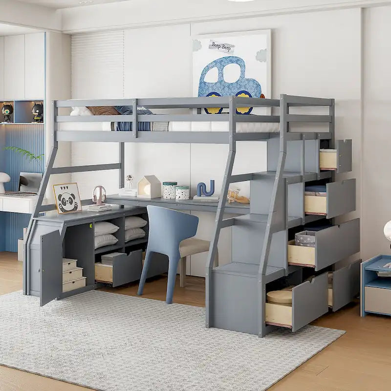 Full Size Wood Loft Bed with Drawers, Shelves & Desk