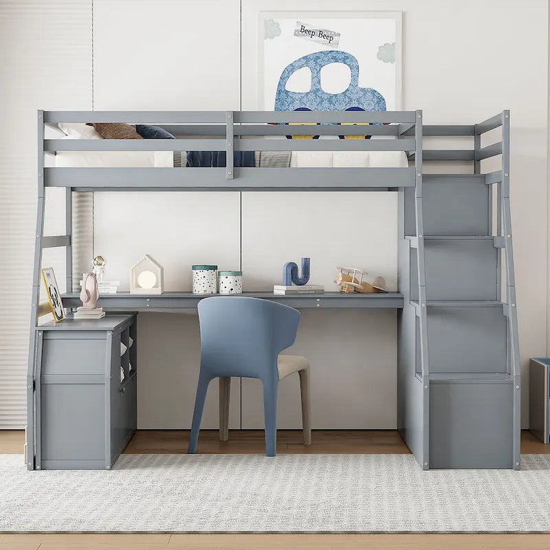 Full Size Wood Loft Bed with Drawers, Shelves & Desk