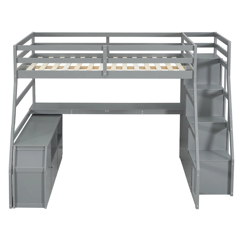 Full Size Wood Loft Bed with Drawers, Shelves & Desk