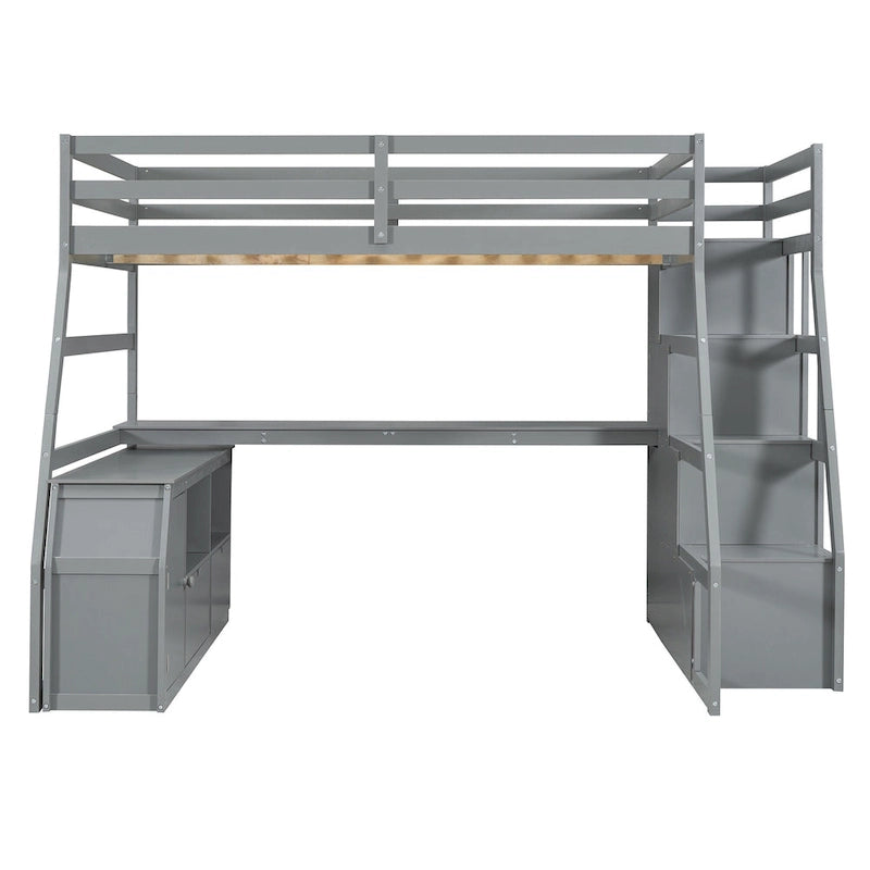 Full Size Wood Loft Bed with Drawers, Shelves & Desk