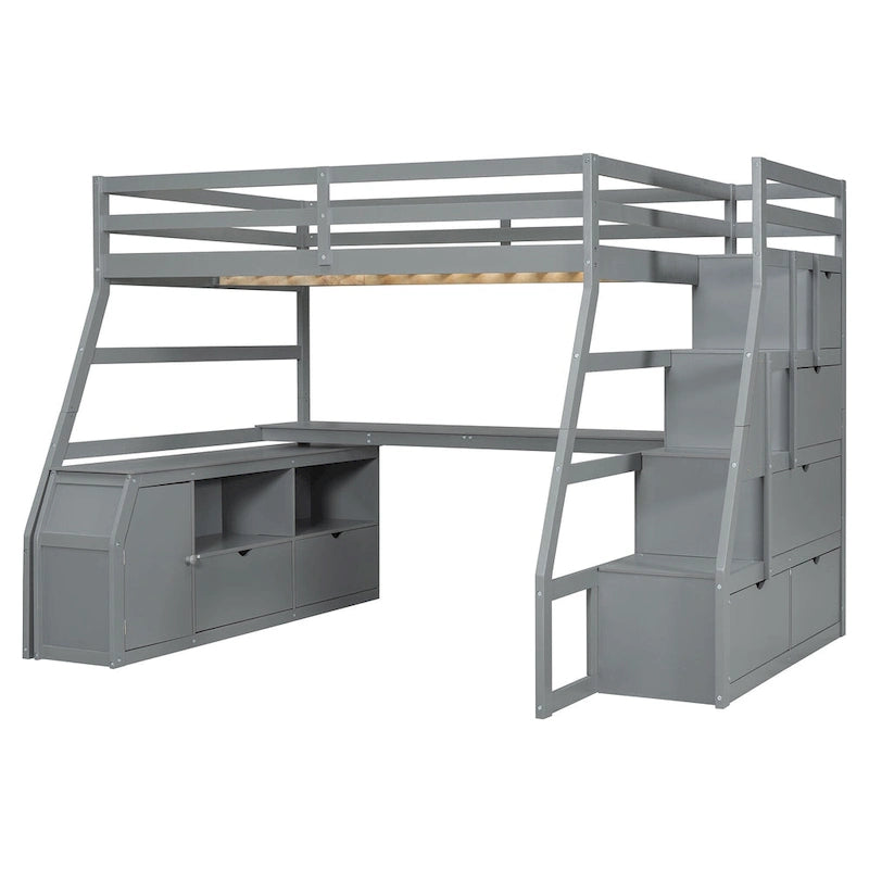 Full Size Wood Loft Bed with Drawers, Shelves & Desk
