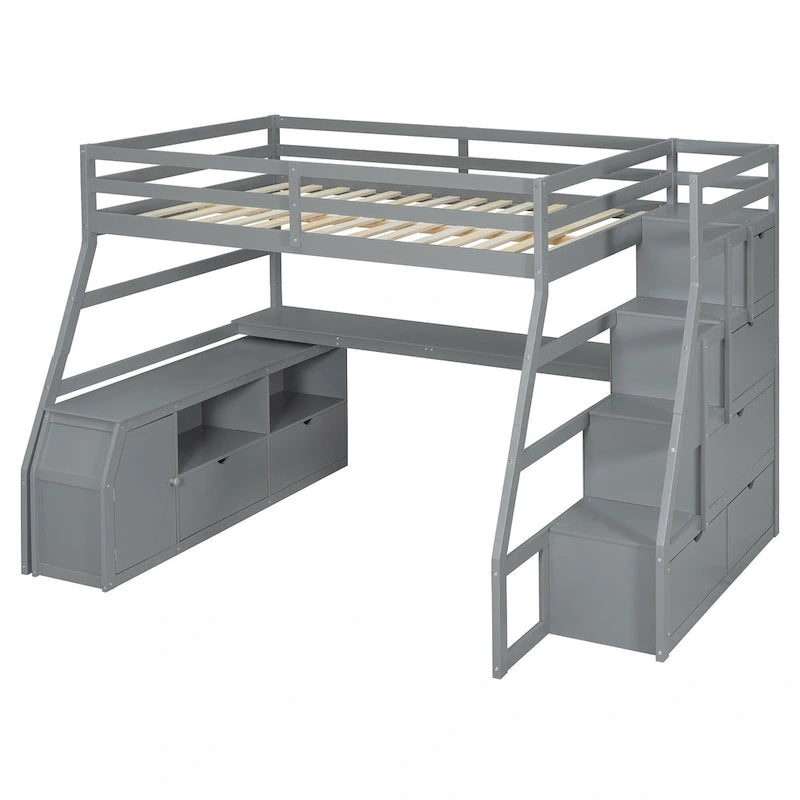 Full Size Wood Loft Bed with Drawers, Shelves & Desk
