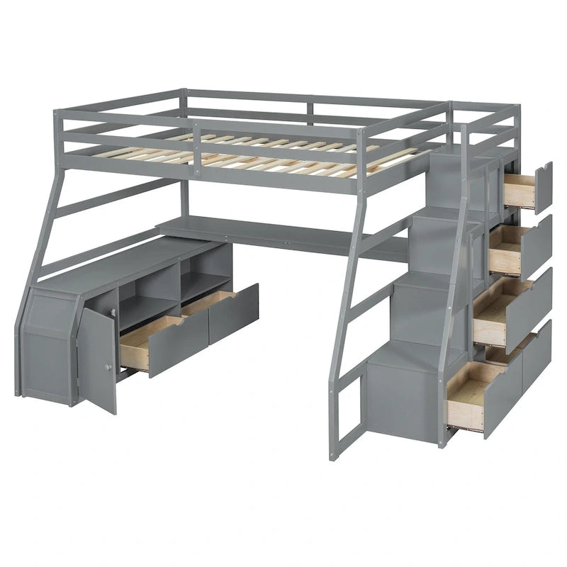 Full Size Wood Loft Bed with Drawers, Shelves & Desk