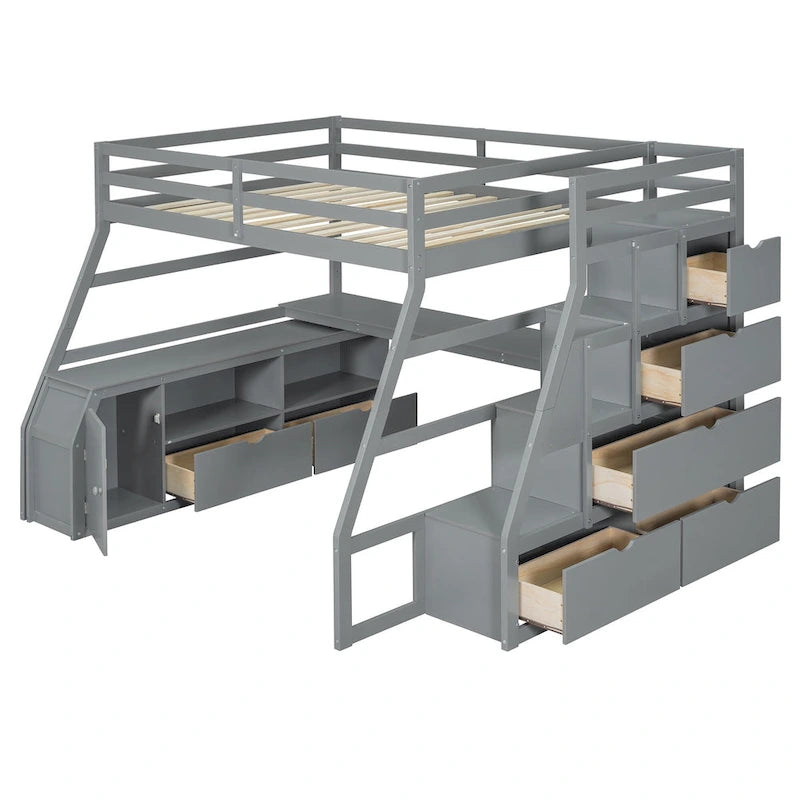Full Size Wood Loft Bed with Drawers, Shelves & Desk