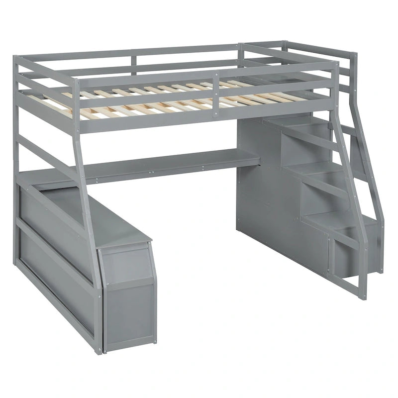 Full Size Wood Loft Bed with Drawers, Shelves & Desk