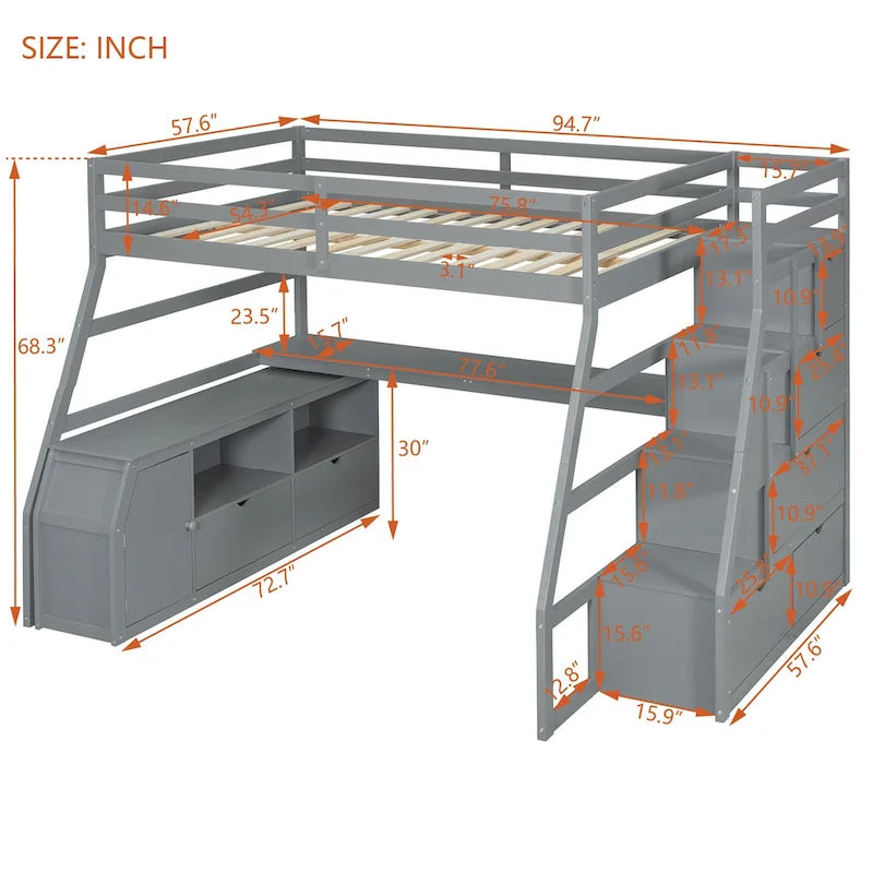 Full Size Wood Loft Bed with Drawers, Shelves & Desk