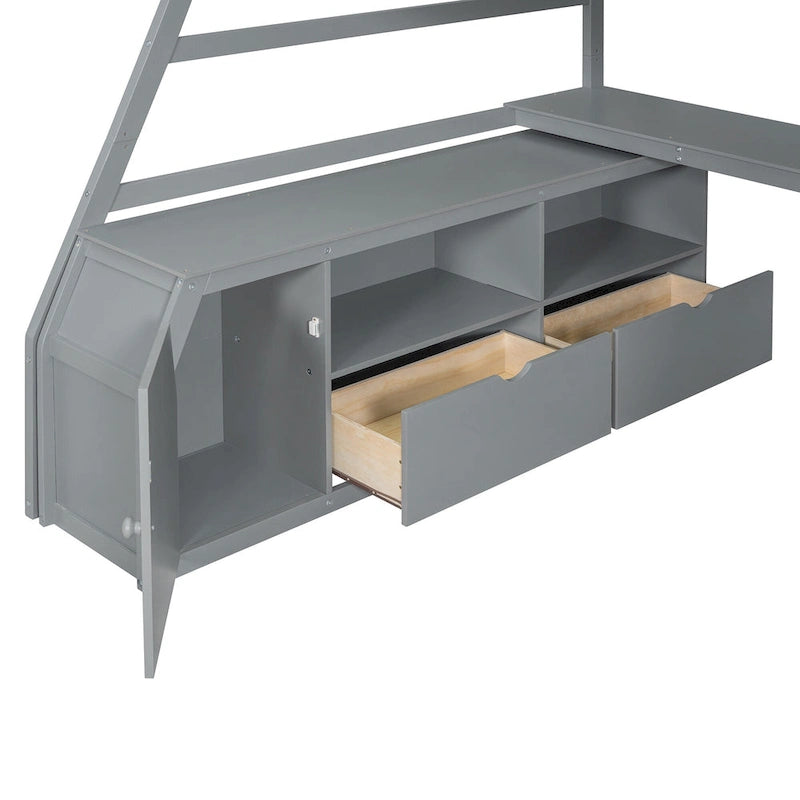 Full Size Wood Loft Bed with Drawers, Shelves & Desk