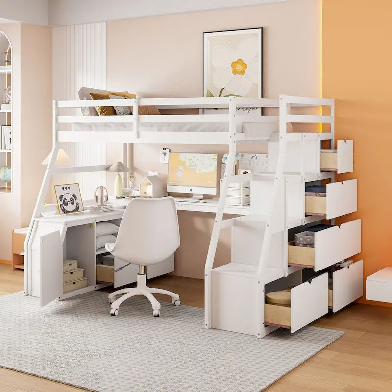 Full Size Wood Loft Bed with Drawers, Shelves & Desk