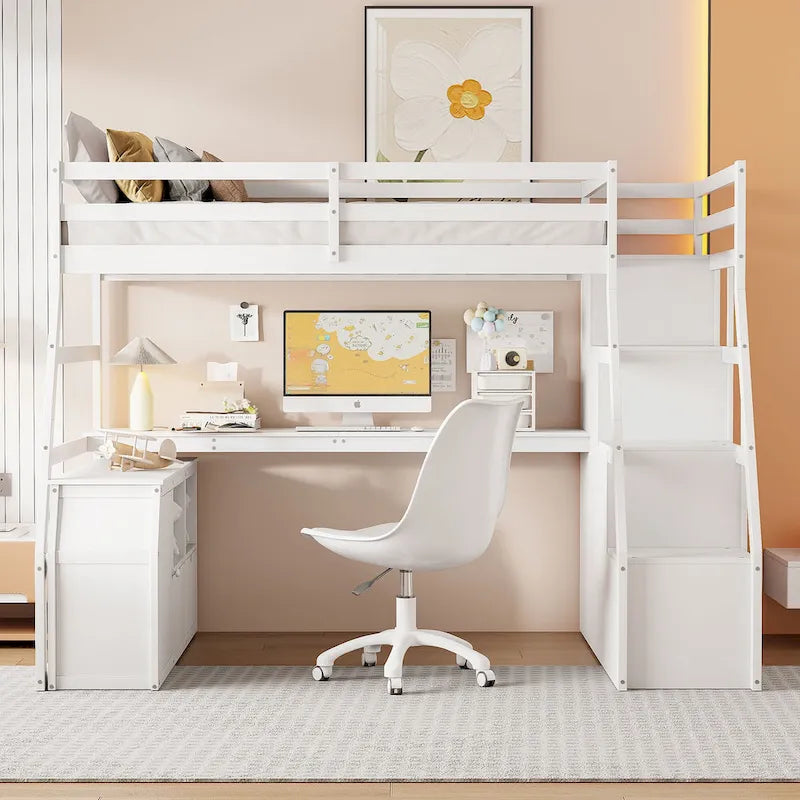Full Size Wood Loft Bed with Drawers, Shelves & Desk