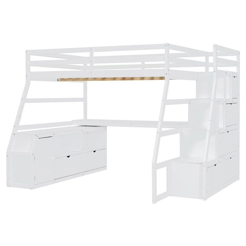 Full Size Wood Loft Bed with Drawers, Shelves & Desk