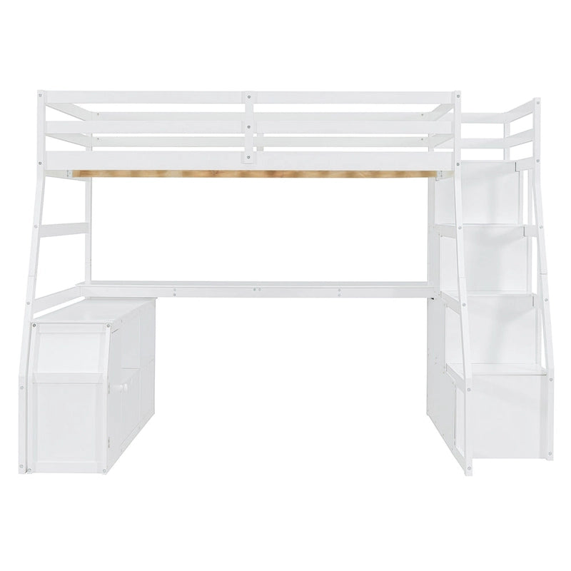 Full Size Wood Loft Bed with Drawers, Shelves & Desk