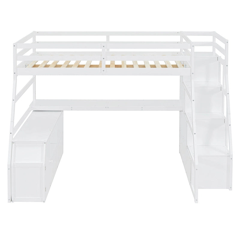 Full Size Wood Loft Bed with Drawers, Shelves & Desk