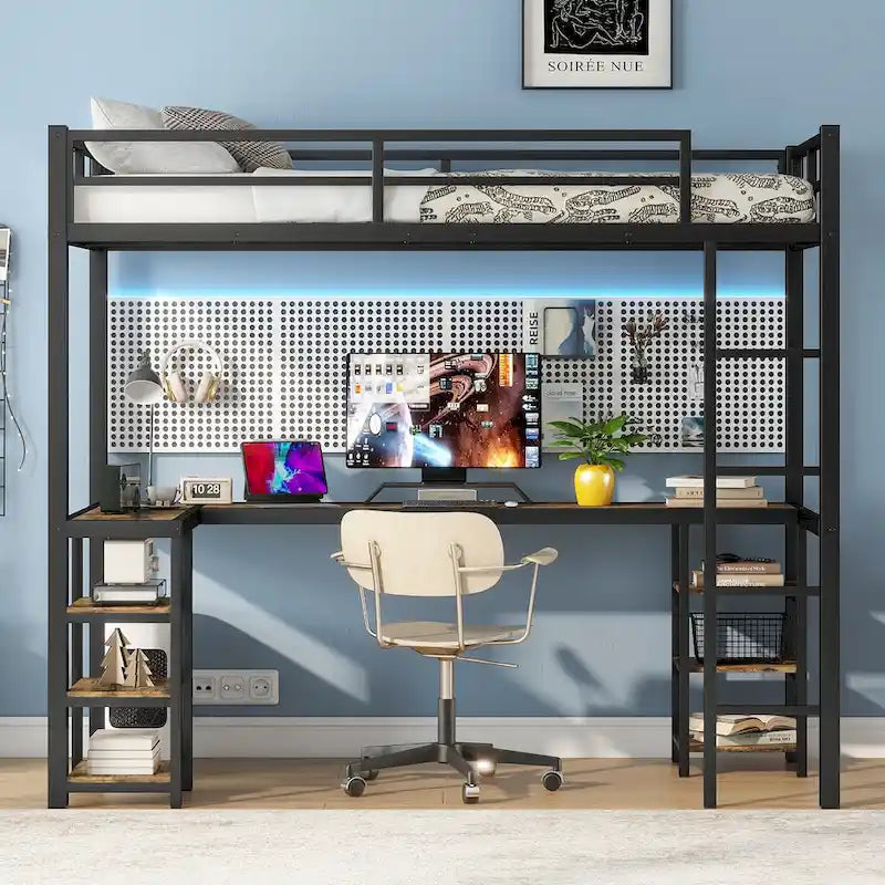 Twin XL Size Metal Loft Bed with Desk, Shelves & Guardrails