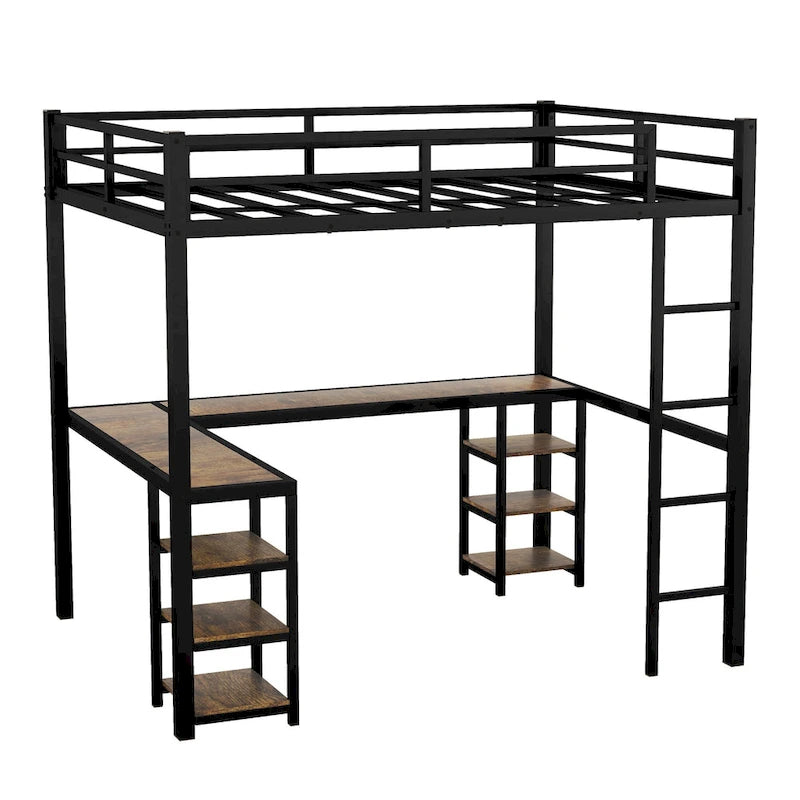 Twin XL Size Metal Loft Bed with Desk, Shelves & Guardrails