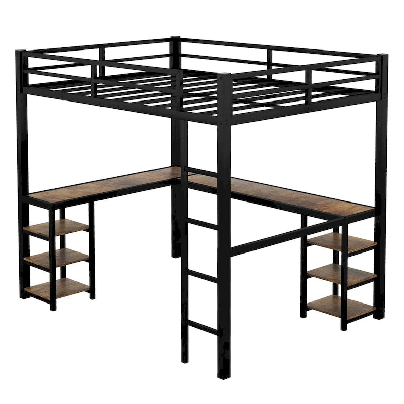 Twin XL Size Metal Loft Bed with Desk, Shelves & Guardrails