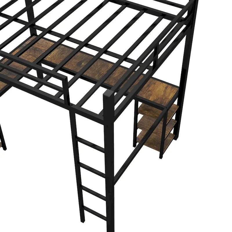Twin XL Size Metal Loft Bed with Desk, Shelves & Guardrails