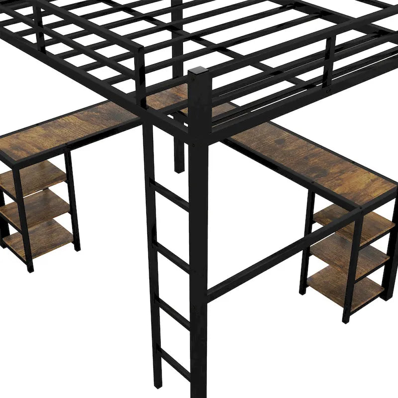 Twin XL Size Metal Loft Bed with Desk, Shelves & Guardrails