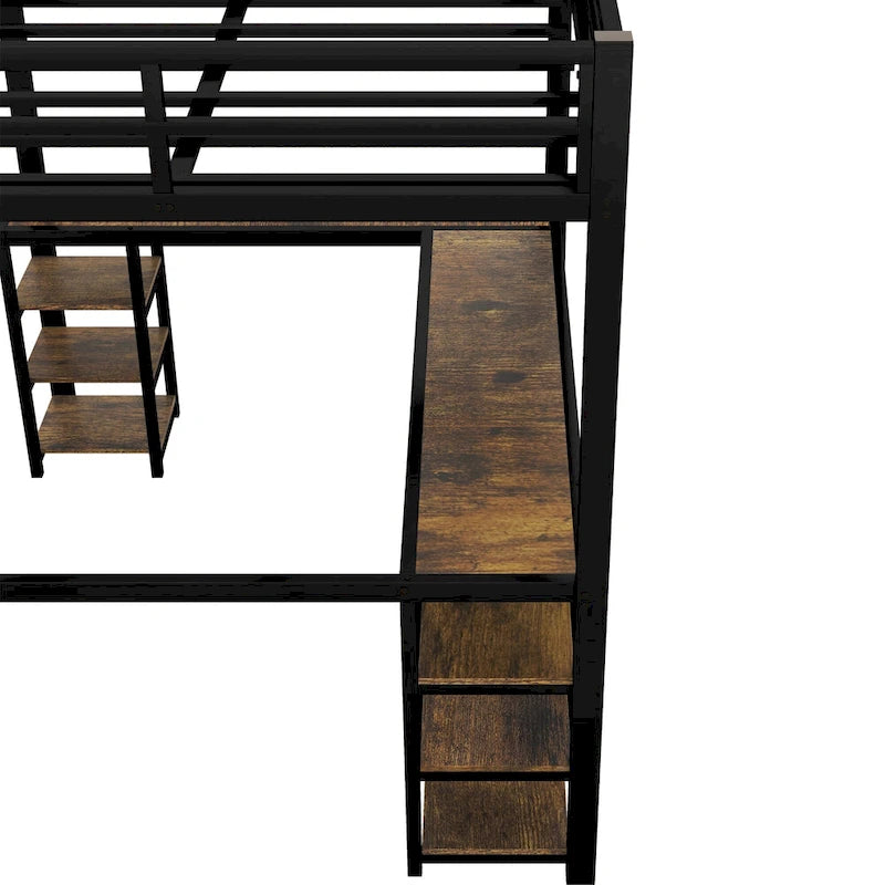 Twin XL Size Metal Loft Bed with Desk, Shelves & Guardrails