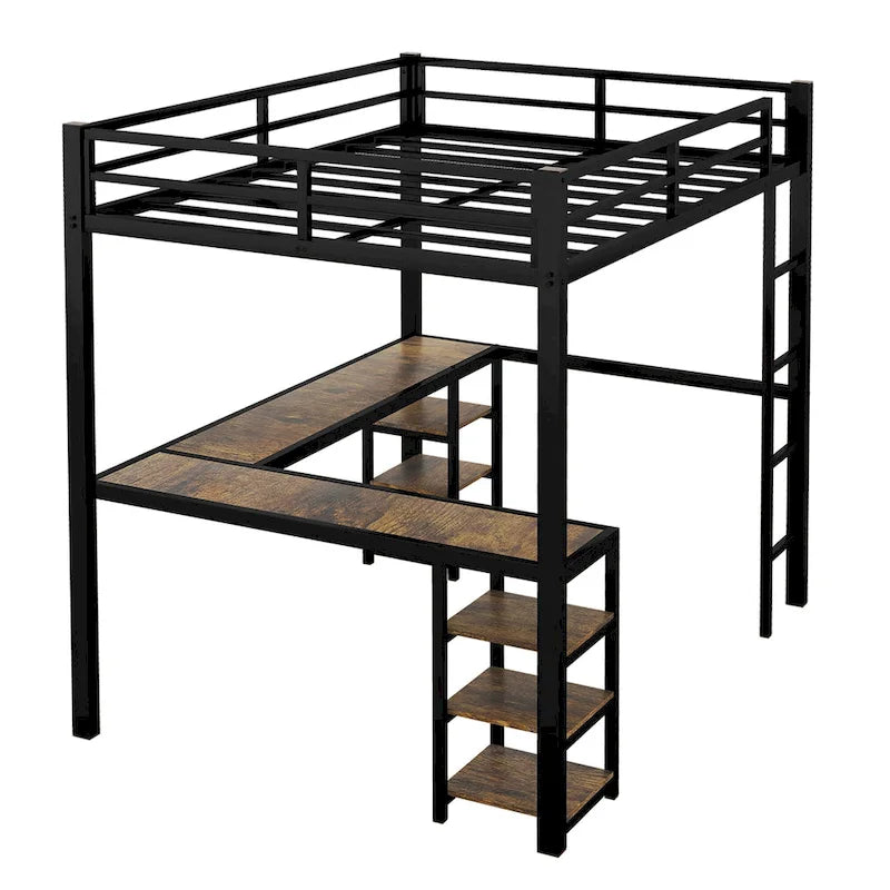 Twin XL Size Metal Loft Bed with Desk, Shelves & Guardrails