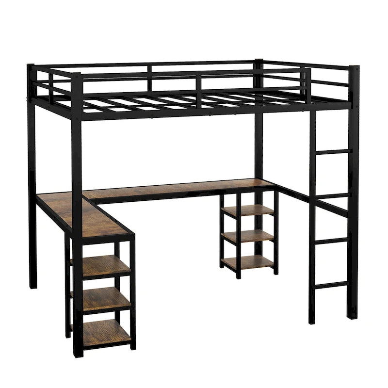 Twin XL Size Metal Loft Bed with Desk, Shelves & Guardrails
