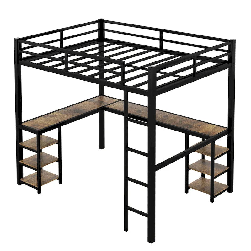Twin XL Size Metal Loft Bed with Desk, Shelves & Guardrails