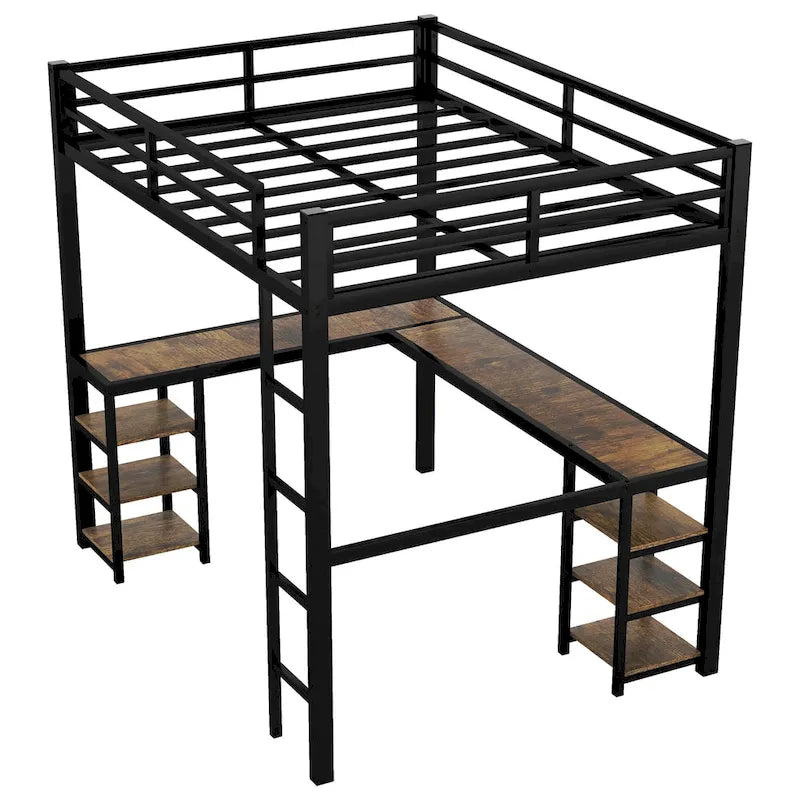 Twin XL Size Metal Loft Bed with Desk, Shelves & Guardrails