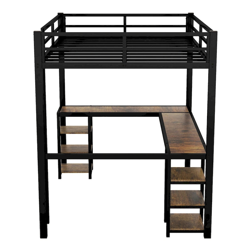 Twin XL Size Metal Loft Bed with Desk, Shelves & Guardrails