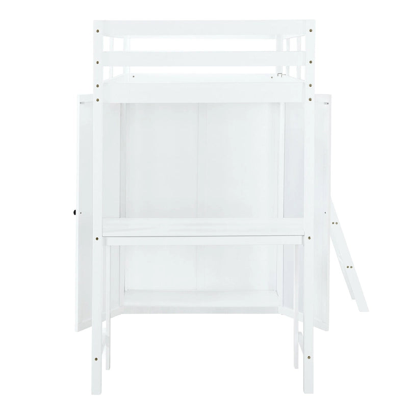 Solid Pine Loft Bed with Wardrobe, Desk, Shelves, and Guardrail