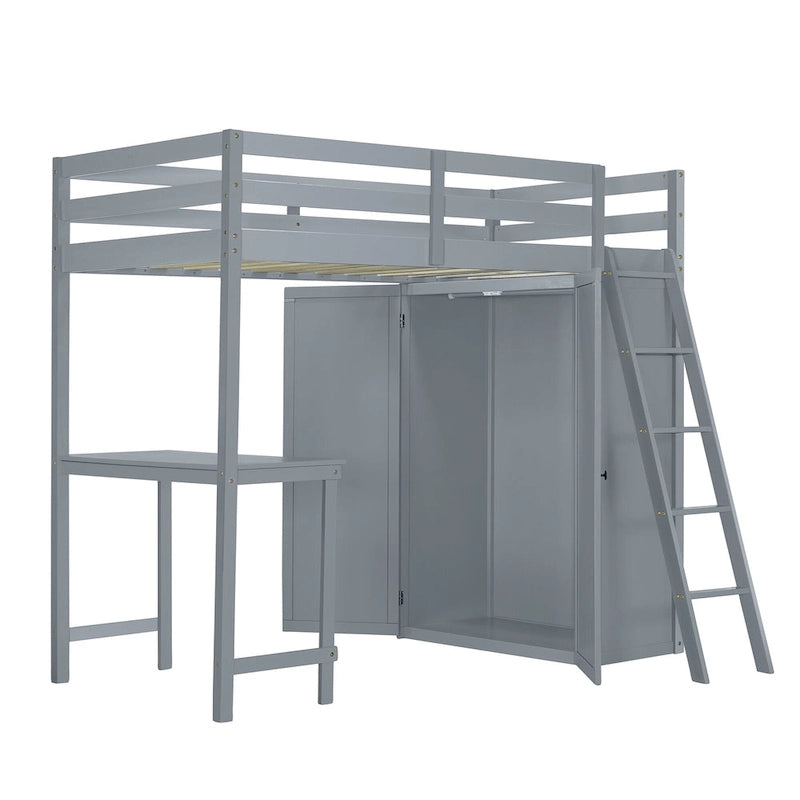 Solid Pine Loft Bed with Wardrobe, Desk, Shelves, and Guardrail