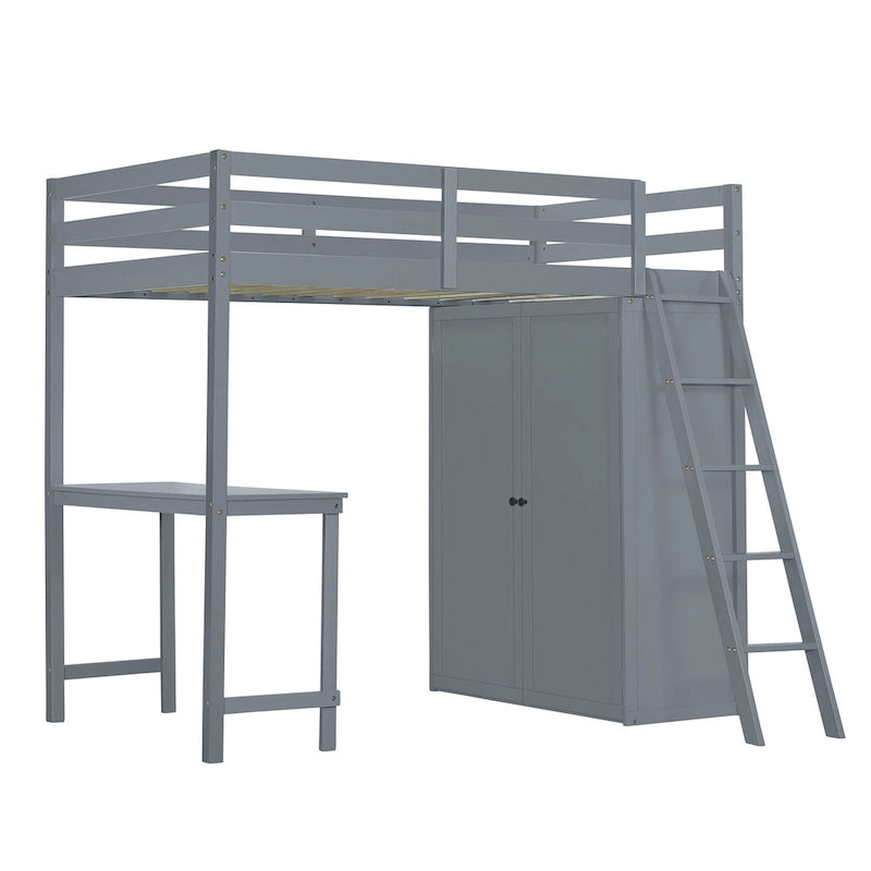 Solid Pine Loft Bed with Wardrobe, Desk, Shelves, and Guardrail