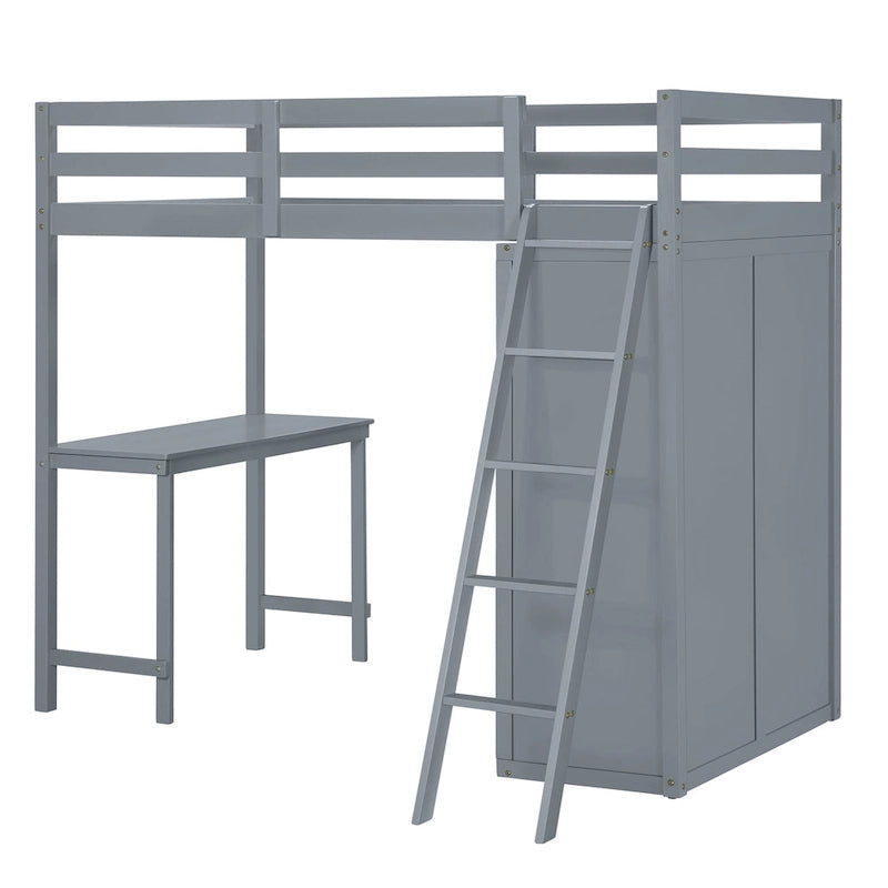 Solid Pine Loft Bed with Wardrobe, Desk, Shelves, and Guardrail