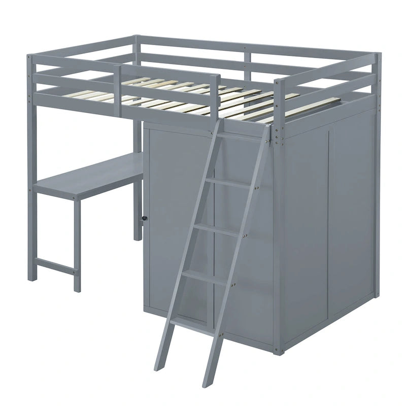 Solid Pine Loft Bed with Wardrobe, Desk, Shelves, and Guardrail