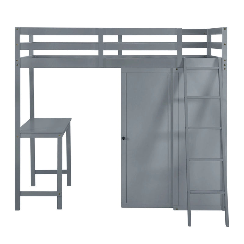 Solid Pine Loft Bed with Wardrobe, Desk, Shelves, and Guardrail