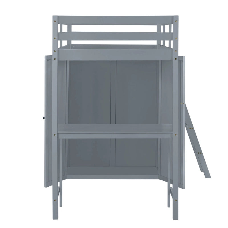 Solid Pine Loft Bed with Wardrobe, Desk, Shelves, and Guardrail