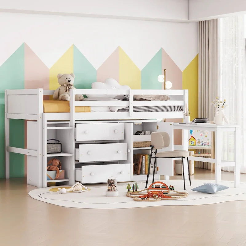 White Twin Wood Low Loft Bed with Pull-Out Desk & Drawers