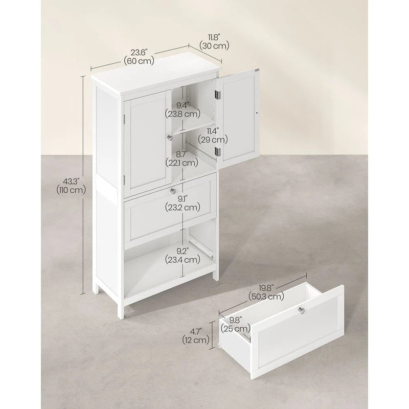 Modern Tall Freestanding Bathroom Storage Cabinet with 2 Drawers and Adjustable Shelf - 11.8D x 23.6W x 43.3H
