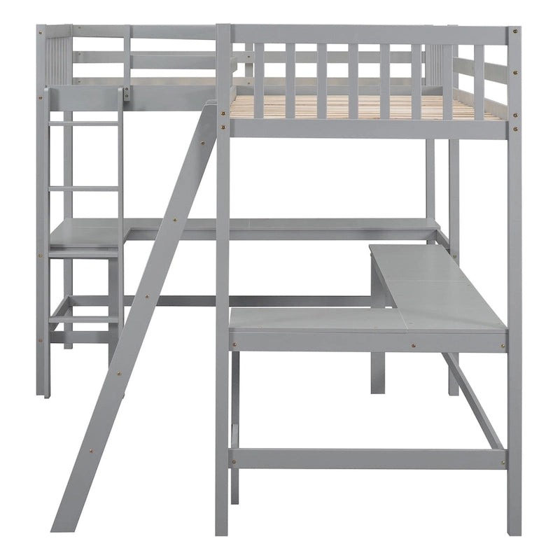 Merax Wood Twin Size L-Shaped Loft Bed with Ladder and 2 Built-in L-Shaped Desks