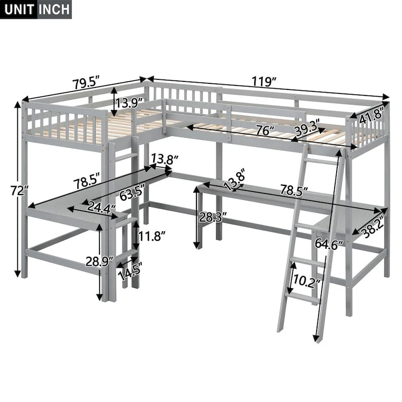 Merax Wood Twin Size L-Shaped Loft Bed with Ladder and 2 Built-in L-Shaped Desks