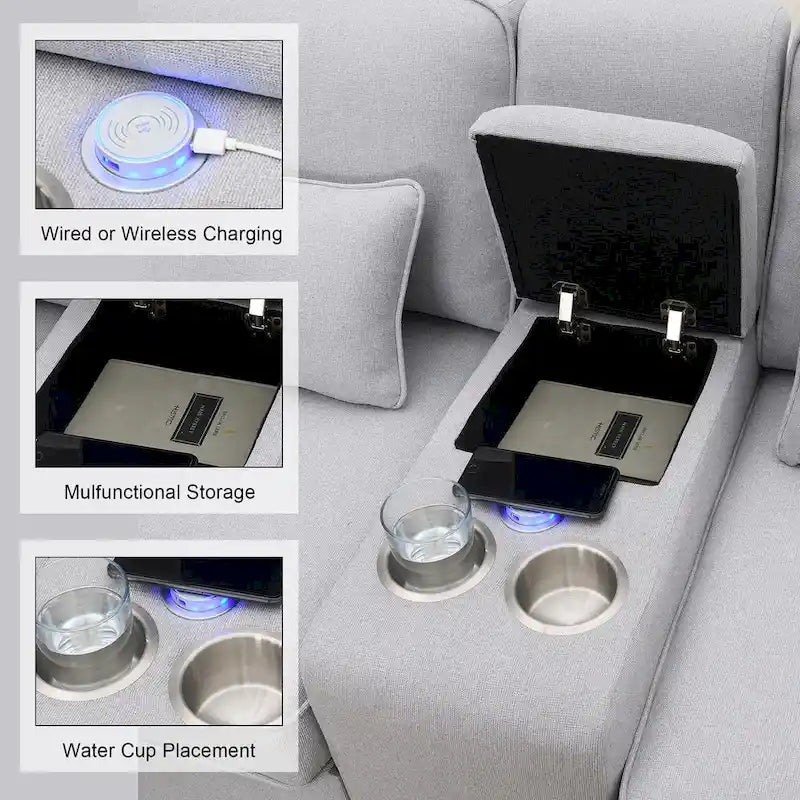 Upholstered Sofa with Console, 2 Cupholders and 2 USB Ports Wired or Wirelessly Charged