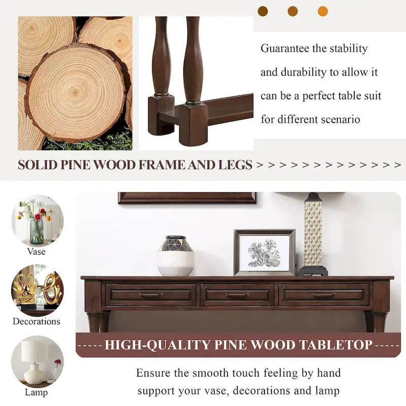 63inch Long Wood Console Table with 3 Drawers
