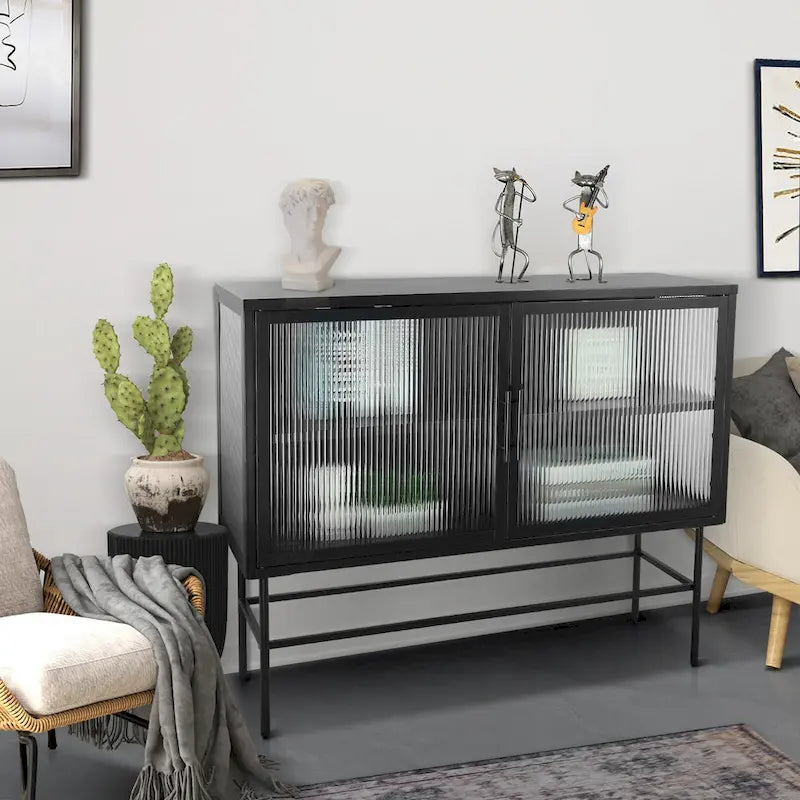 Double Tampered Glass Door Storage Cabinet with Adjustable Shelf