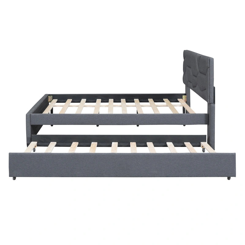 Upholstered Platform Bed with Brick Pattern Headboard and Twin Size Trundle