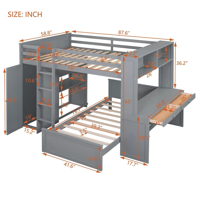 Loft Bed with a Stand-alone bed,Shelves,Desk,and Wardrobe