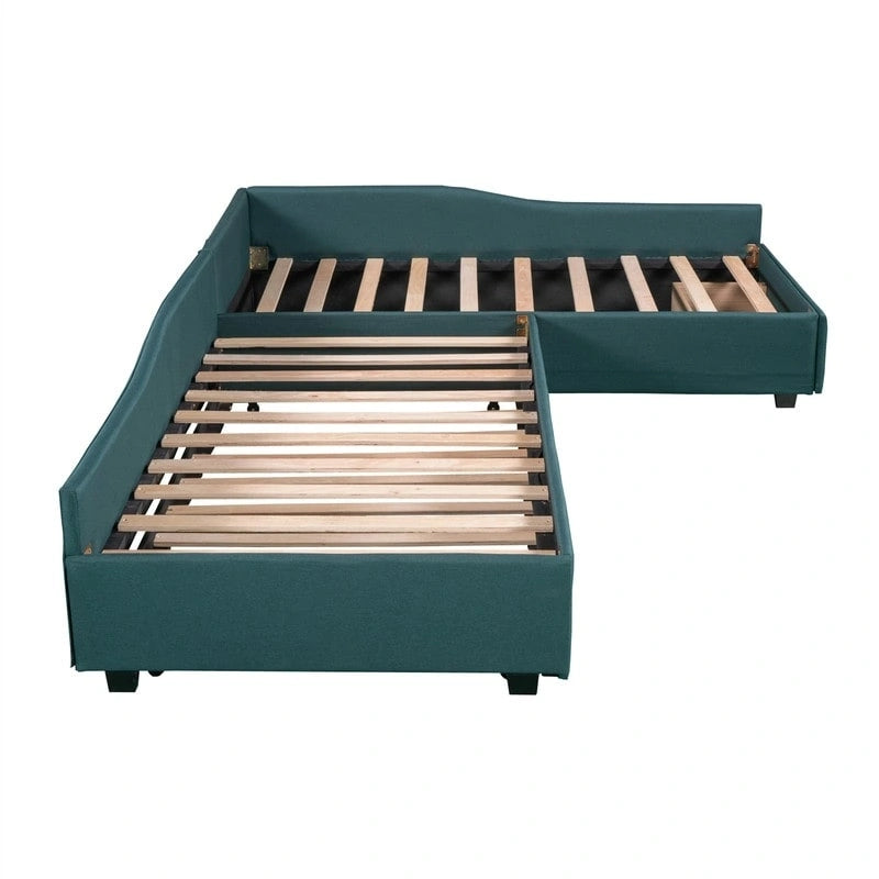 L Shaped Twin Daybed with Trundle, Upholstered Daybed with Storage Drawer, Double Twin Size Floor Platform Bed for Bedroom