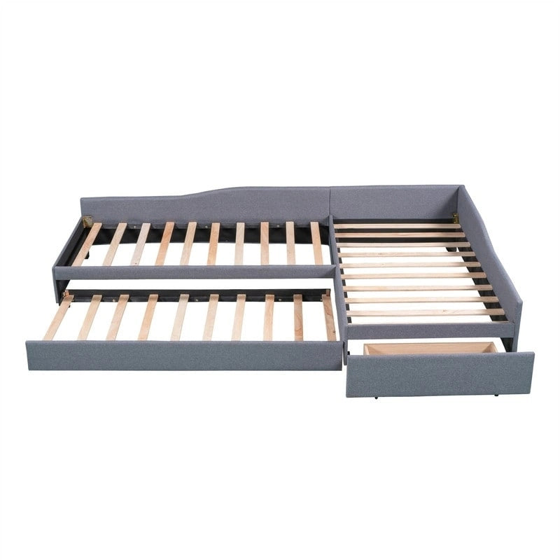 L Shaped Twin Daybed with Trundle, Upholstered Daybed with Storage Drawer, Double Twin Size Floor Platform Bed for Bedroom