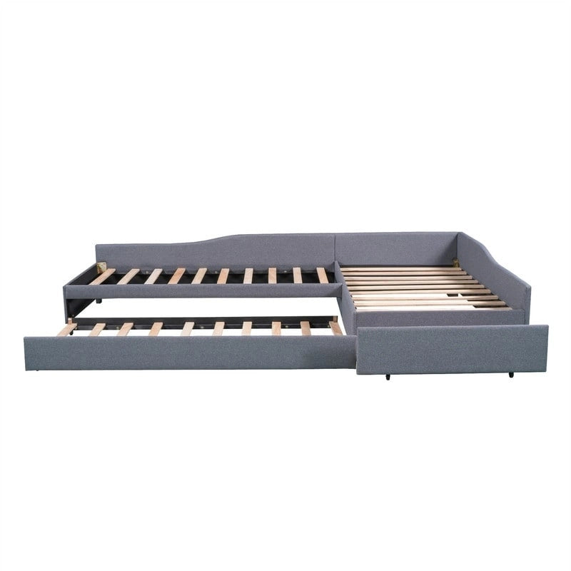 L Shaped Twin Daybed with Trundle, Upholstered Daybed with Storage Drawer, Double Twin Size Floor Platform Bed for Bedroom