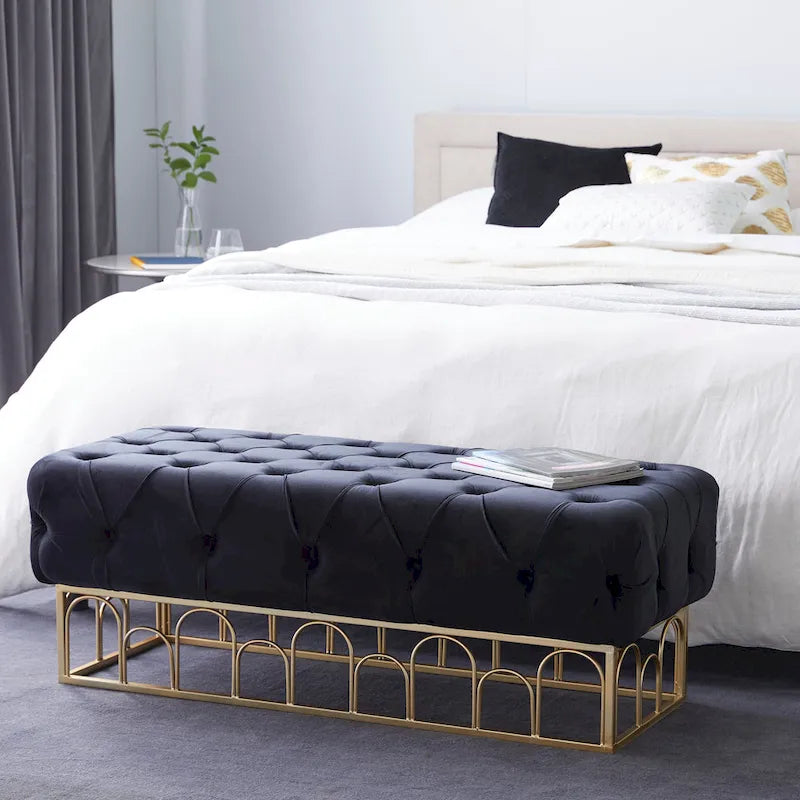 Metal Bench with Gold Base - Black - Roche River Decor - 20W x 49L x 18H