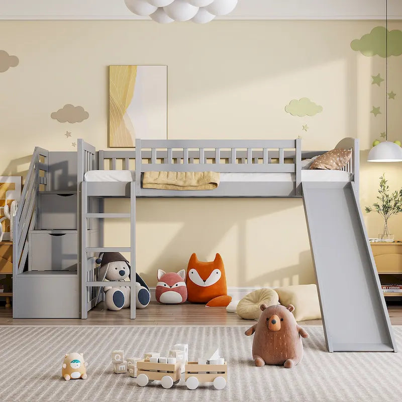Merax Stairway Twin Size Loft Bed with Slide and Two Drawers